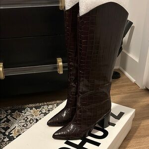 SCHUTZ Dark Brown Croc-Embossed Maryana Knee High Boots